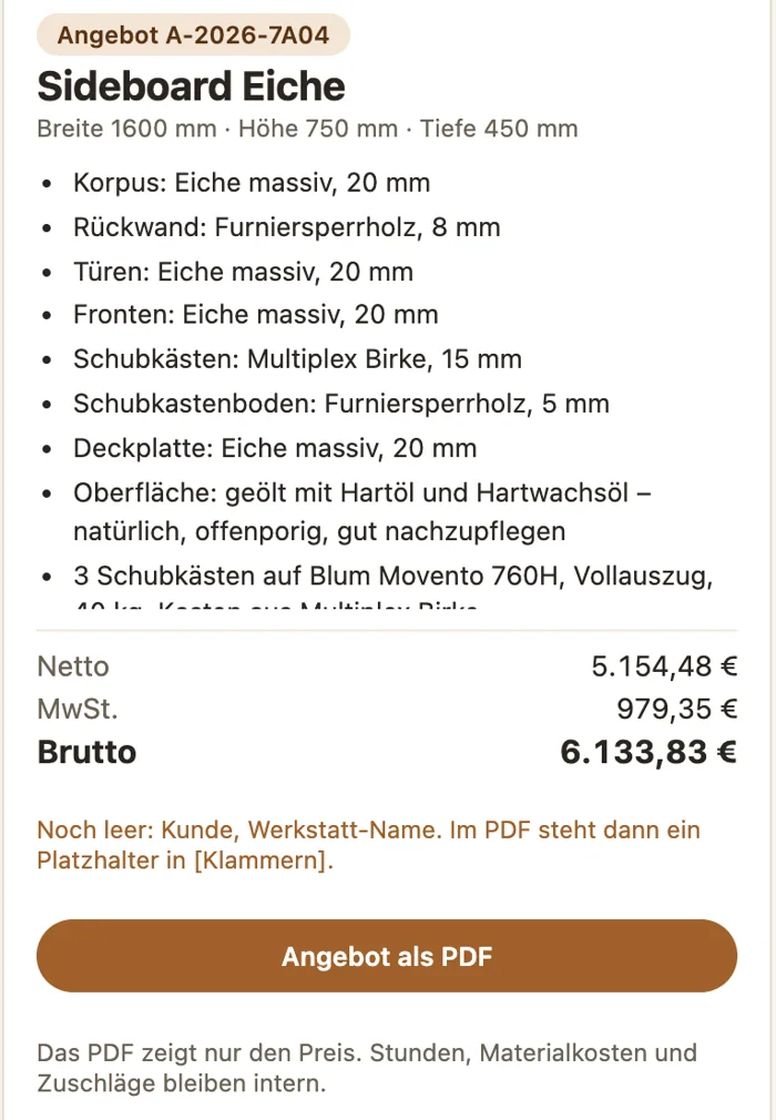 Angebot aus Shrain: Angebotsnummer, Maße, Materialbeschreibung, Netto, Mehrwertsteuer und Brutto, Knopf Angebot als PDF.