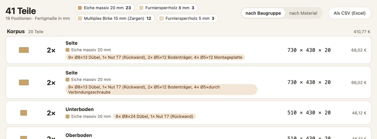 Materialliste des Sideboards: 41 Teile mit Maßen, Material, Bohrungen und Preis je Teil.