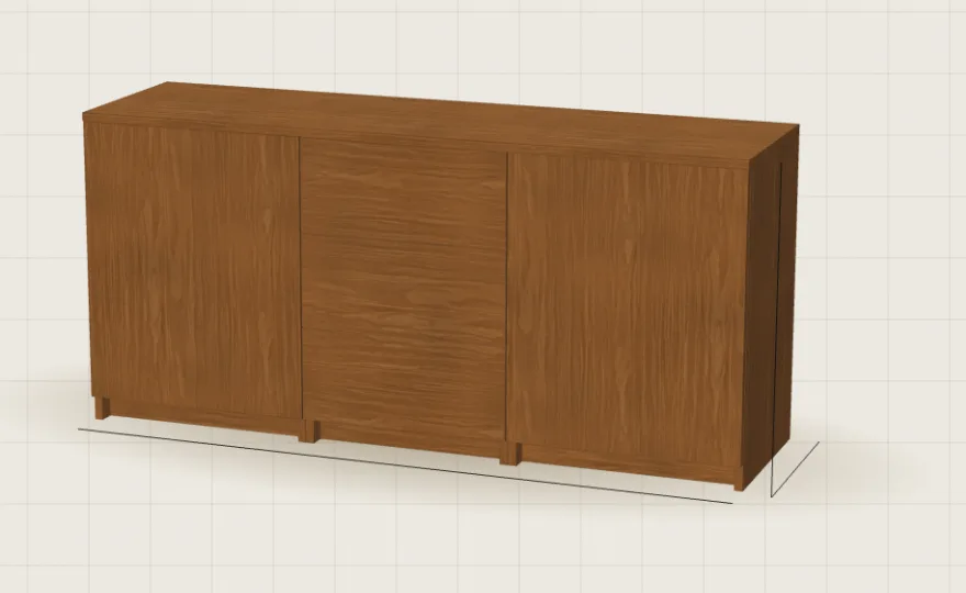 Das fertige Sideboard aus geölter Eiche mit drei Schubkästen in der Mitte und zwei Türen.